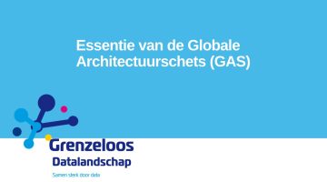 Titelafbeelding met een blauwe achtergrond en de tekst "Essentie van de Globale Architectuurschets (GAS)" in witte letters. Onderaan staat het logo van Grenzeloos Datalandschap met de slogan "Samen sterk door data."